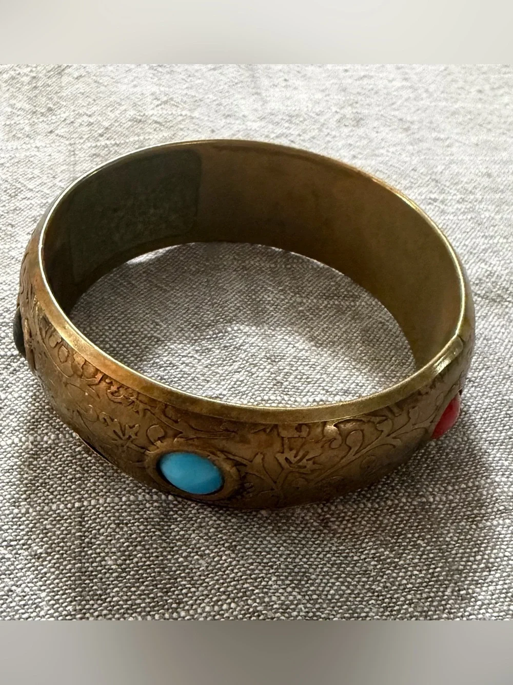 Vintage Brass Accent Bangle with Turquoise Inlay - Gold Finish